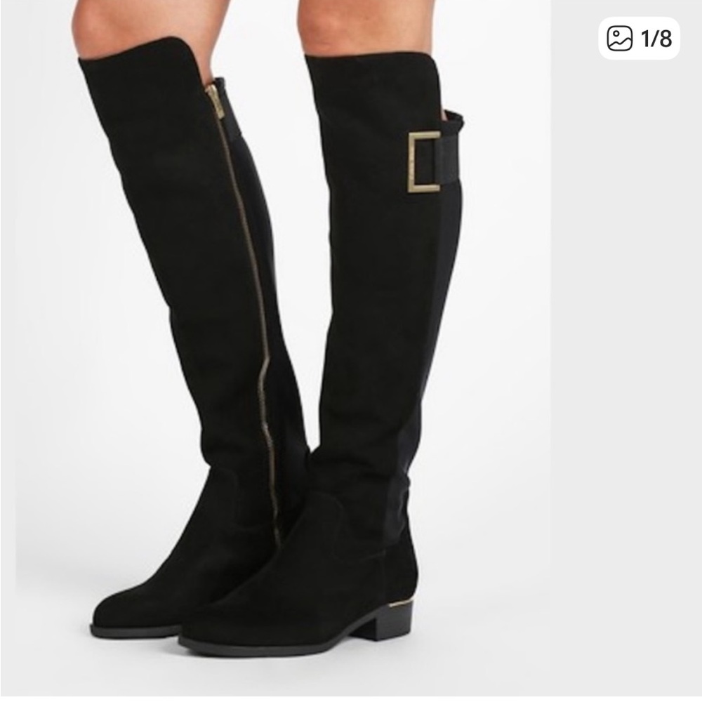 Calvin Klein Cylan Black Over-the-Knee Wide-Calf Suede Boots with Side Zip